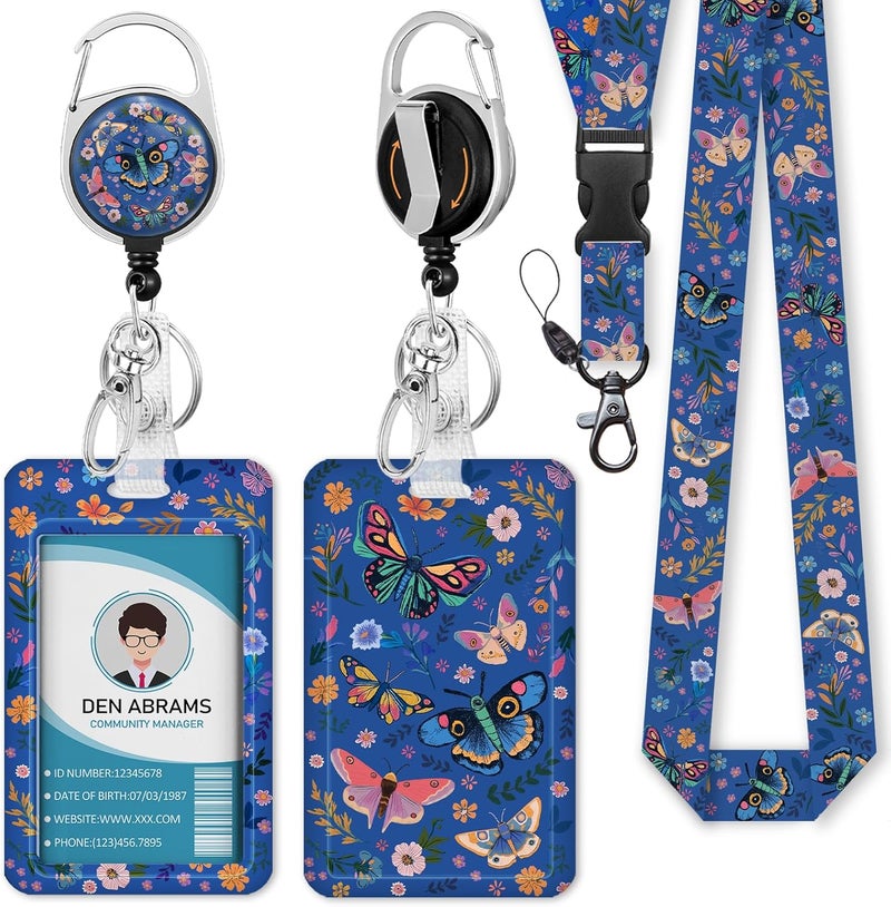 Piefly Lanyards for Id Badges, Butterfly Flowers Badge Holder with Retractable Reel Belt Clip, Cute Work Name Tag Lanyard Vertical ID Card Protector Case for Women Nurse Doctor Teacher Student - Image 1